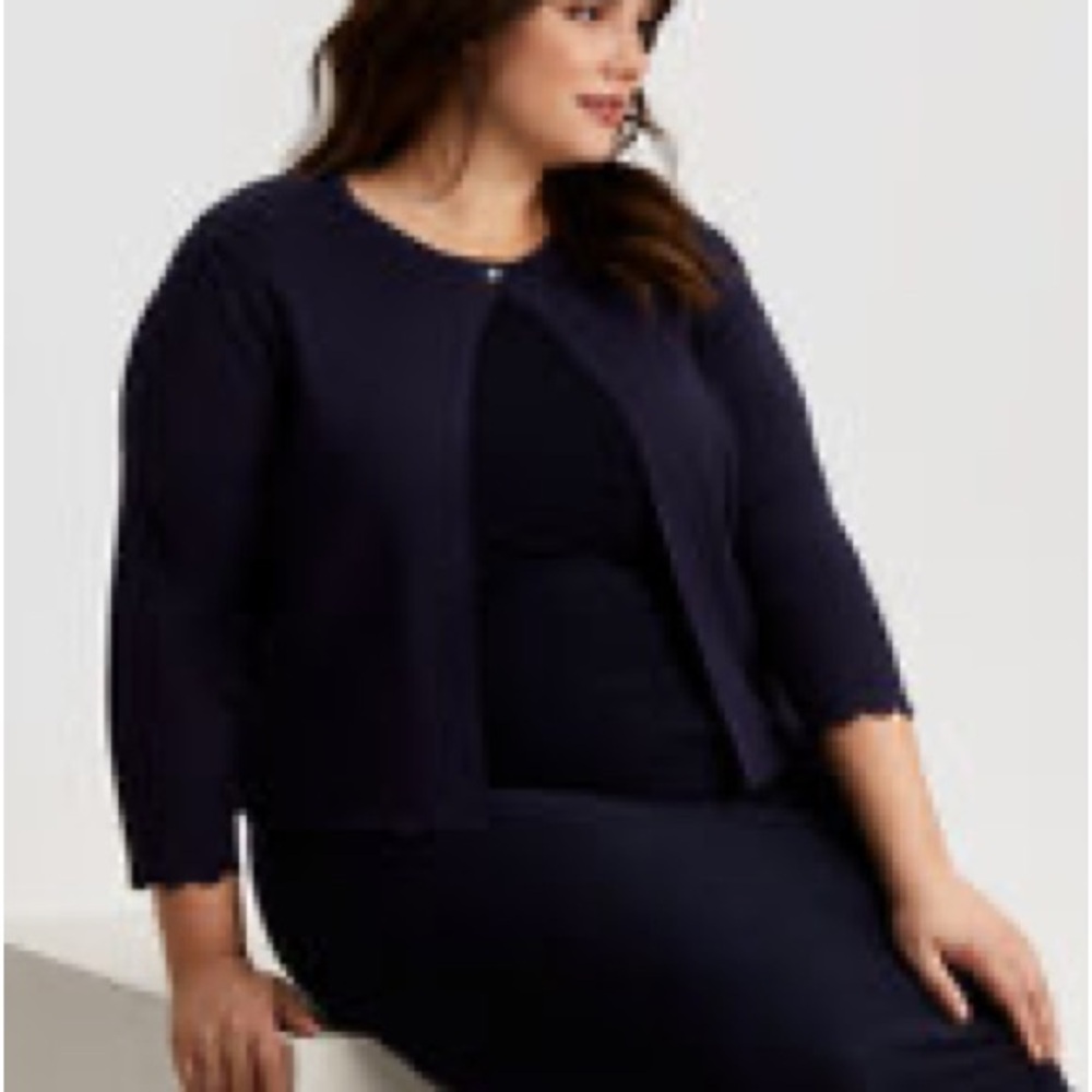 Dressy navy cropped cardigan. Size 1X.